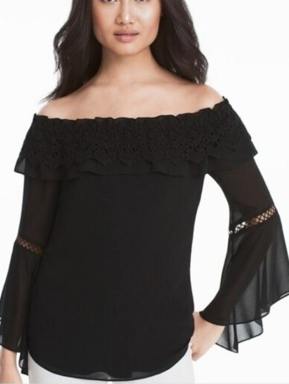 White House Black Market Off The Shoulder Crochet Trim Bell Sleeve Black Blouse